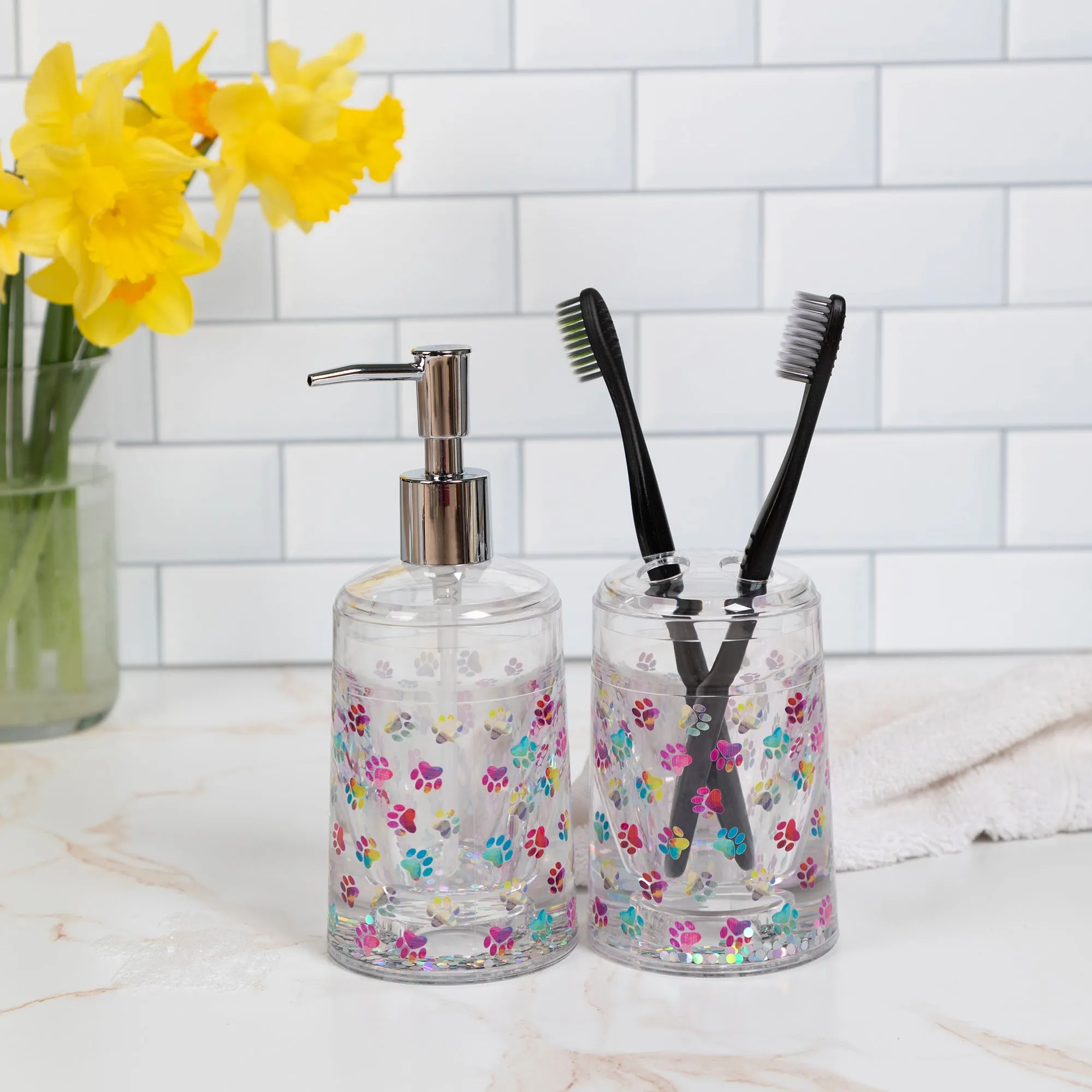 Paw Print Acrylic Soap Dispenser & Toothbrush Holder Set