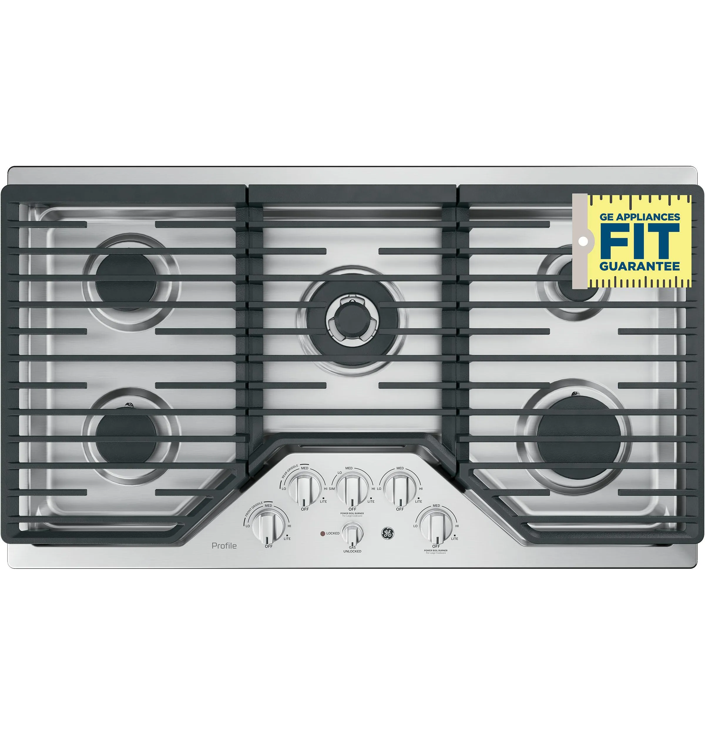 PGP9036SLSS GE Profile™ 36" Built-In Tri-Ring Gas Cooktop with 5 Burners and Included Extra-Large Integrated Griddle