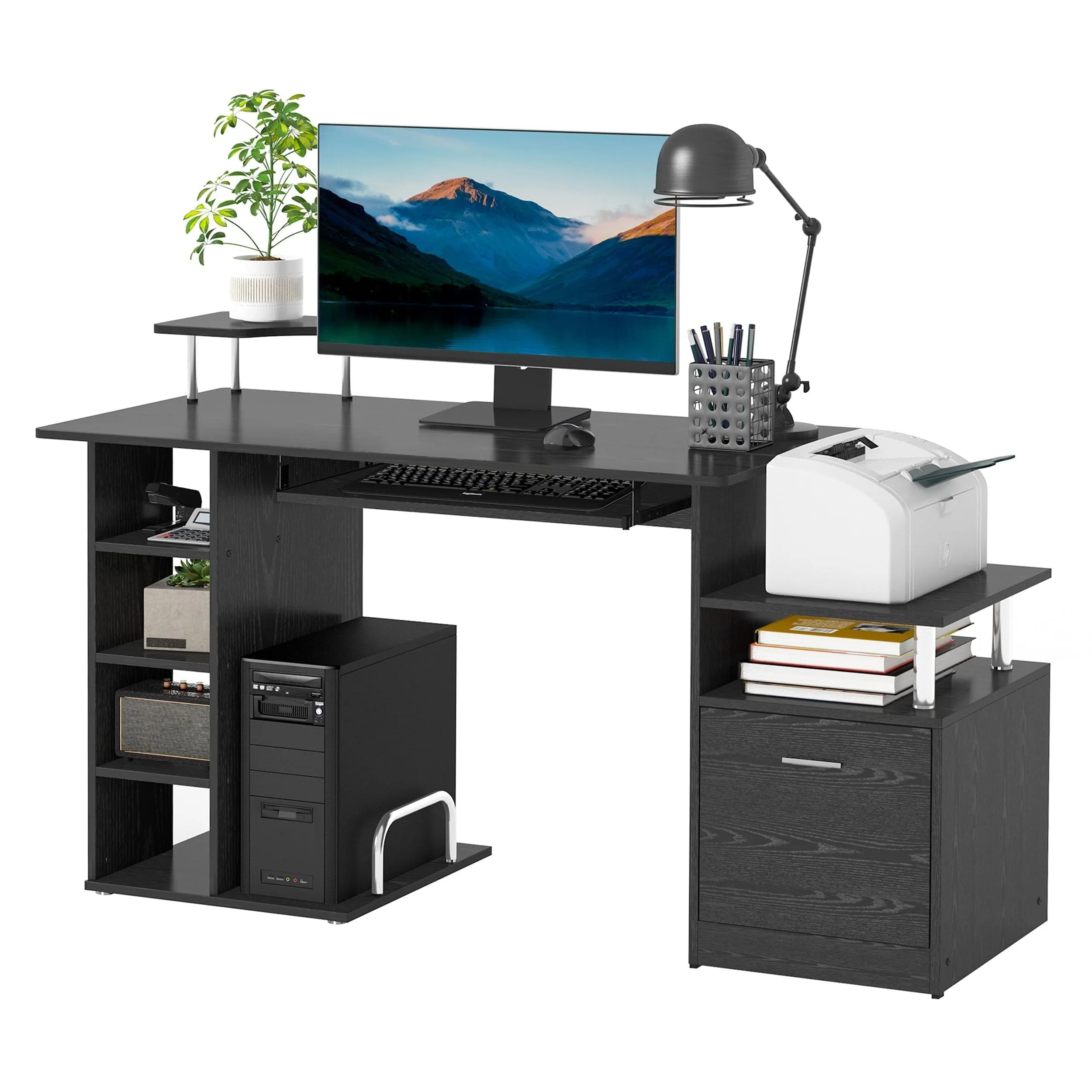 ProperAV Extra Computer Desk Workstation Wood Laptop Table with Drawer Shelves - Black