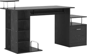 ProperAV Extra Computer Desk Workstation Wood Laptop Table with Drawer Shelves - Black