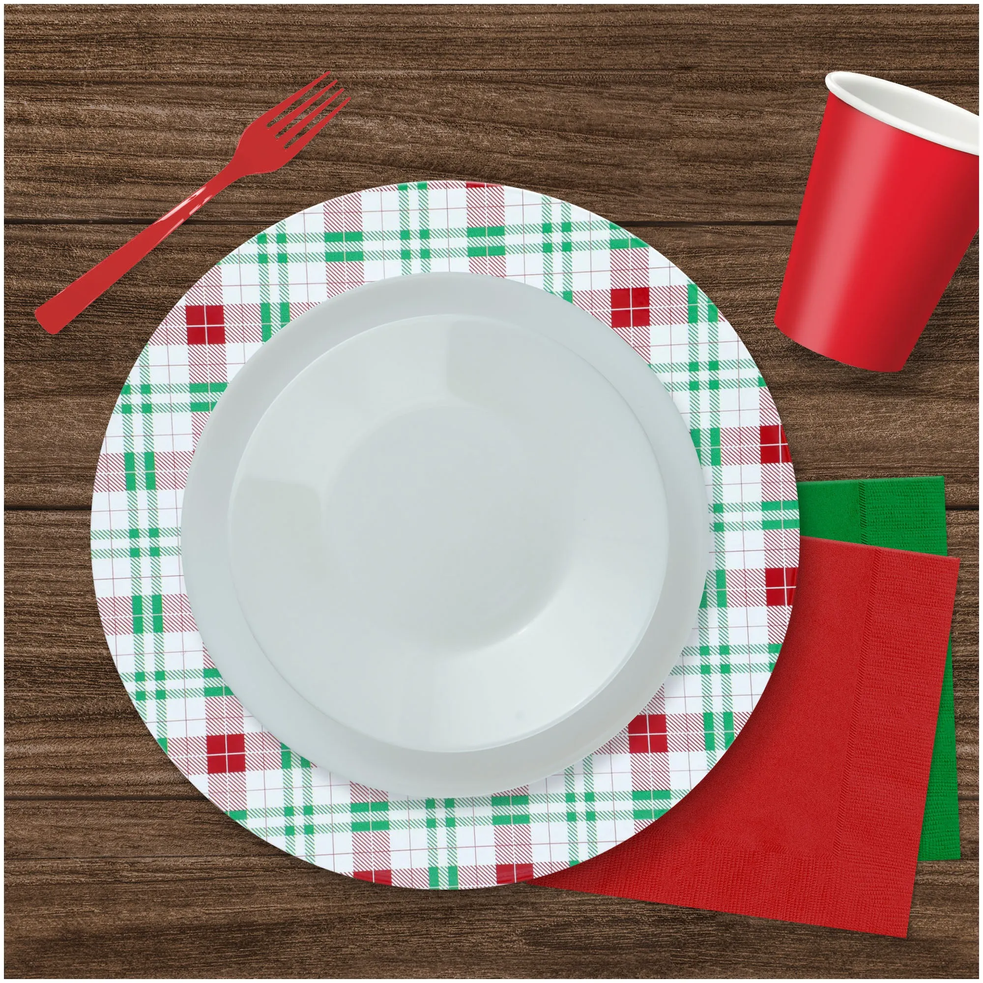 Red, Green, & White Tartan Plaid Christmas Plate Chargers For Holiday Home Decor(Set of 4)