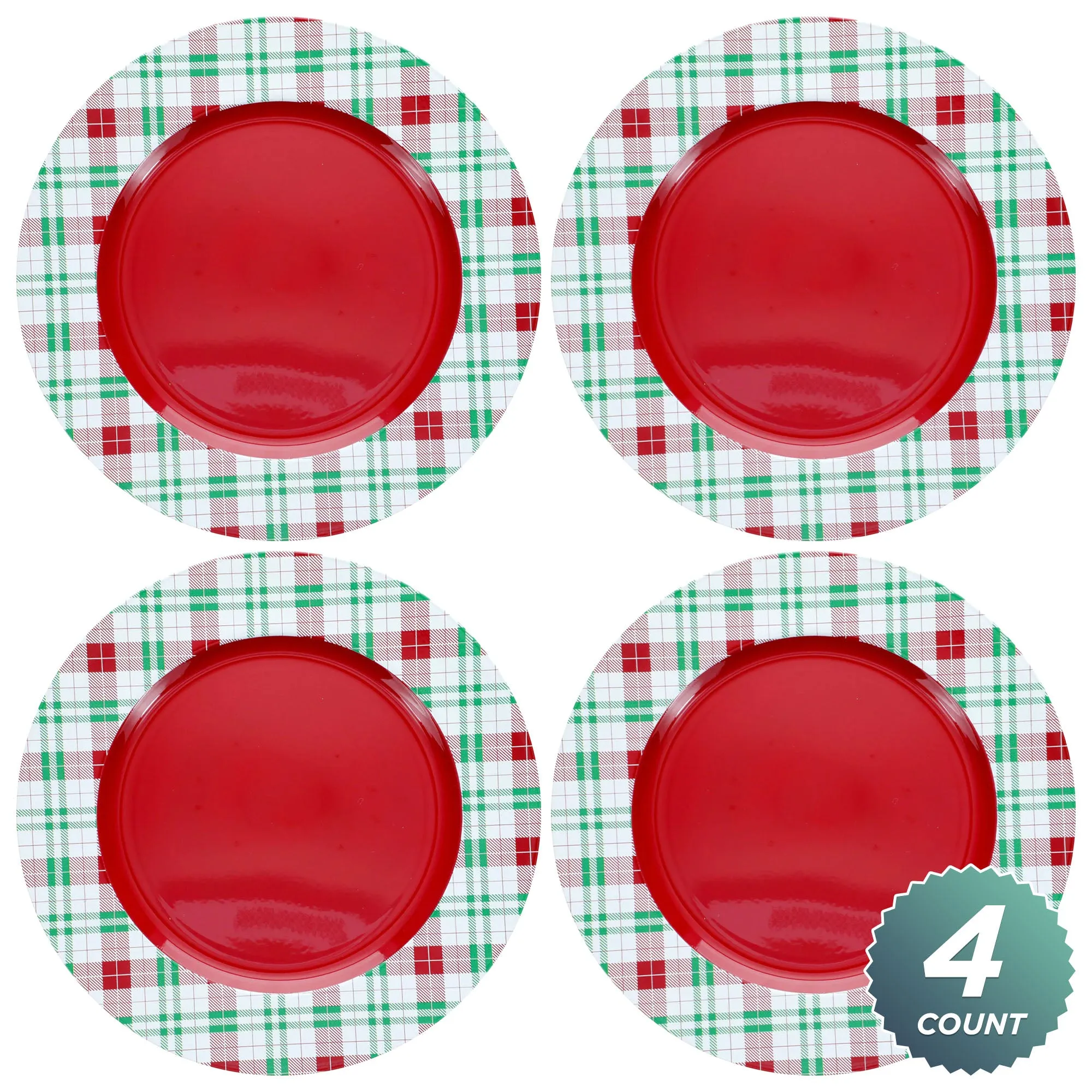 Red, Green, & White Tartan Plaid Christmas Plate Chargers For Holiday Home Decor(Set of 4)