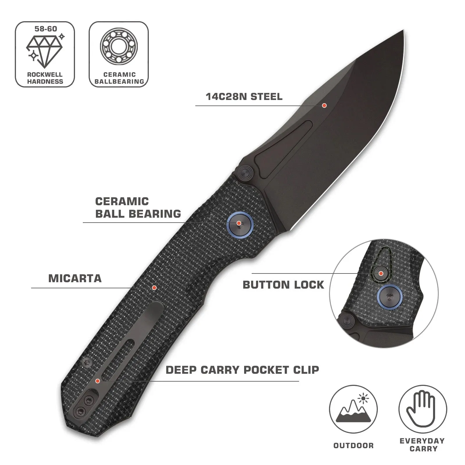 Remette Rhino EDC Folding Knife 3.15in 14C28N Blade Black Micarta Handles - MC319B