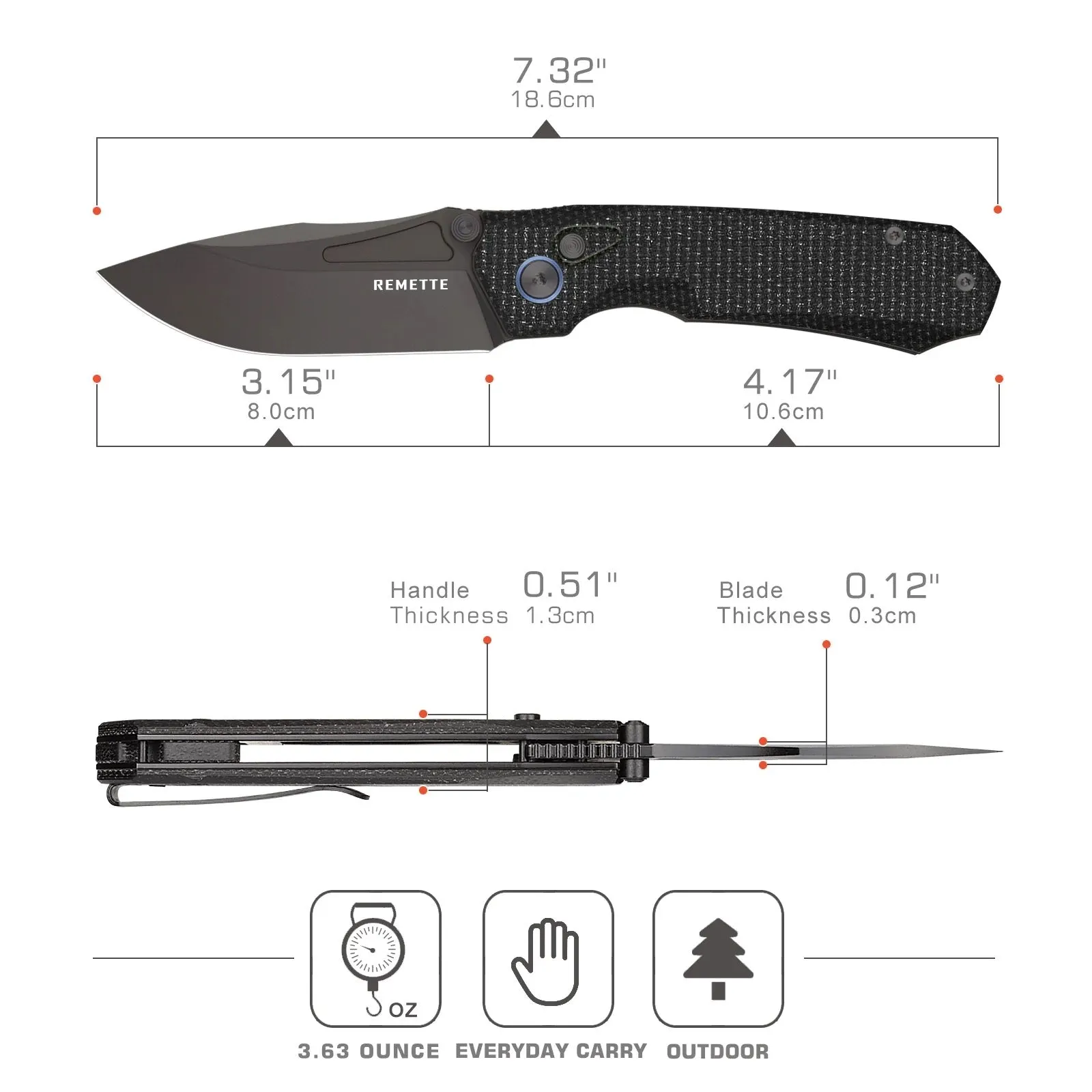 Remette Rhino EDC Folding Knife 3.15in 14C28N Blade Black Micarta Handles - MC319B