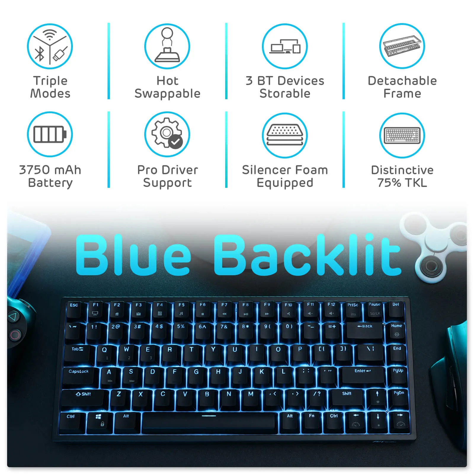 RK84 75% Wireless Mechanical Keyboard, Blue Backlit (Open-Box)