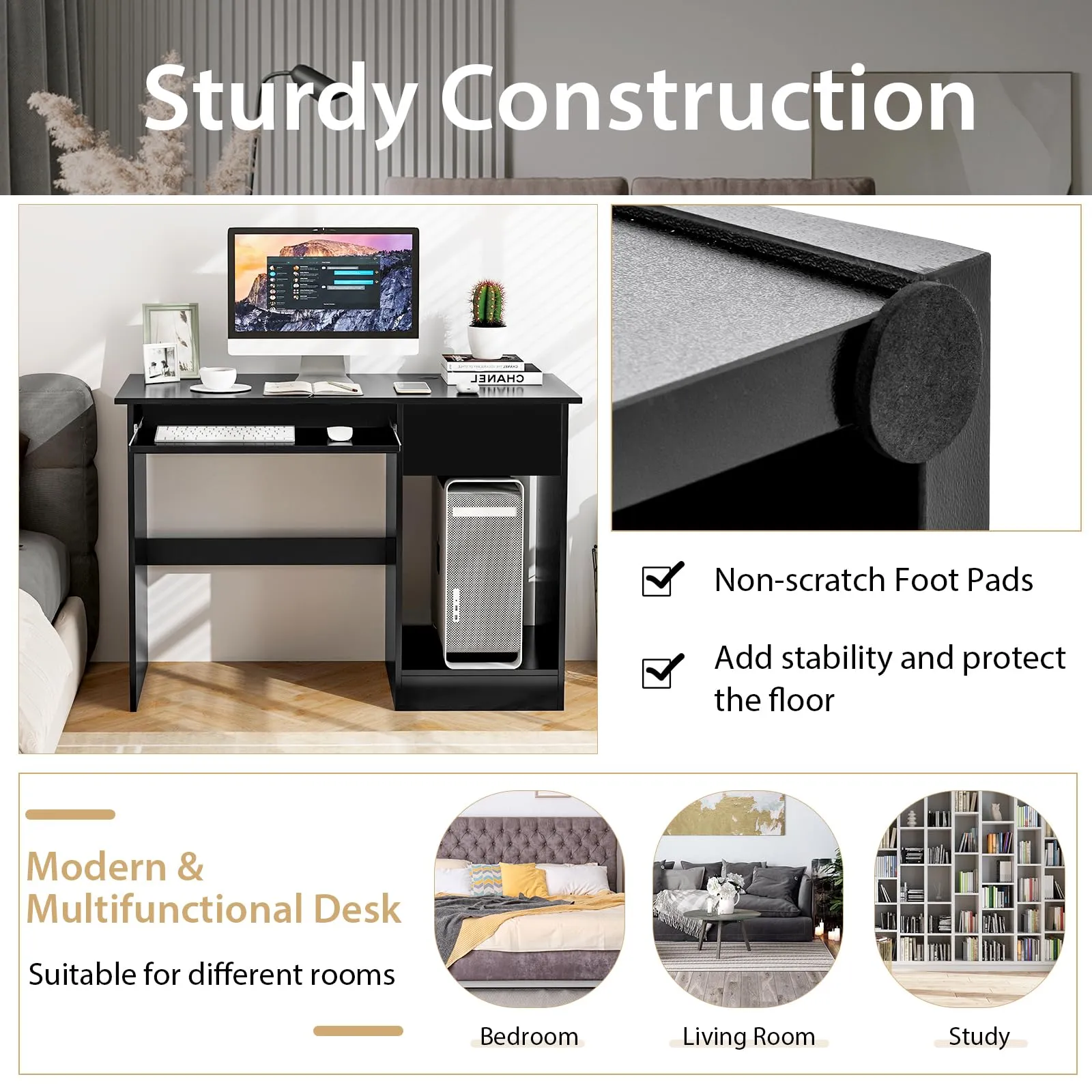 Tangkula Desk with Drawer, Wooden Computer Desk with Pull-Out Keyboard Tray & Adjustable Storage Shelves