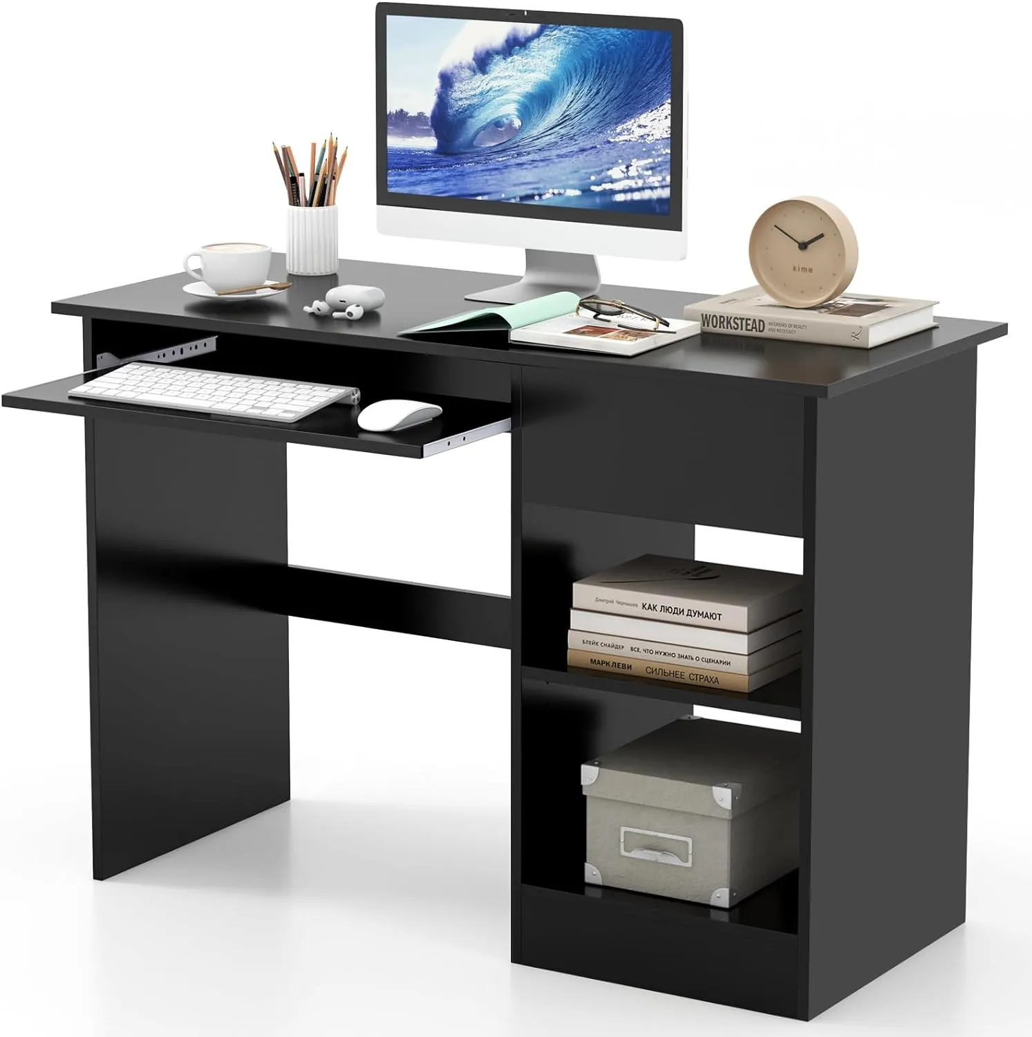 Tangkula Desk with Drawer, Wooden Computer Desk with Pull-Out Keyboard Tray & Adjustable Storage Shelves