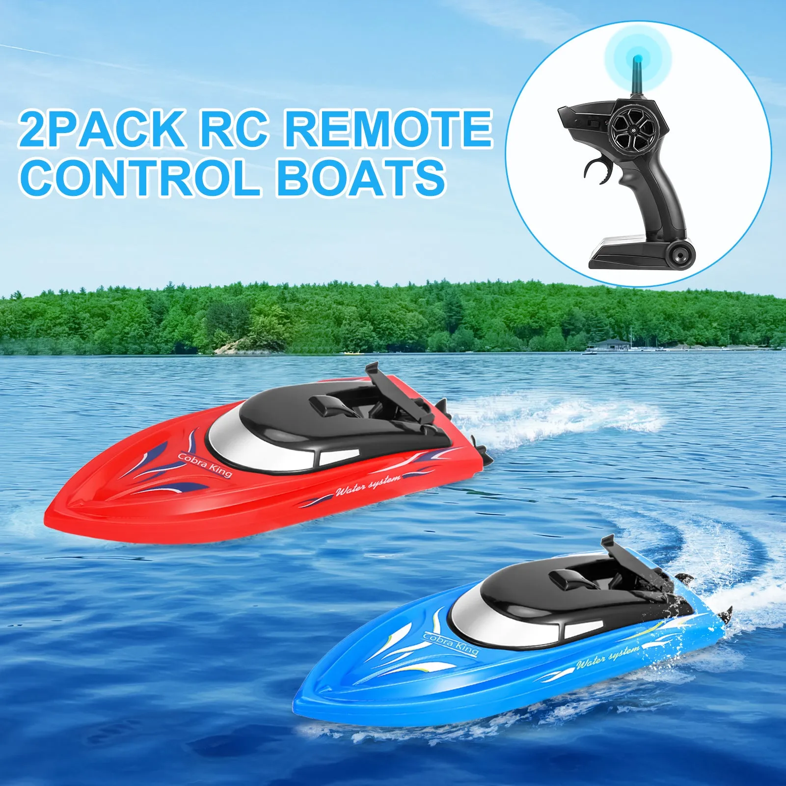 THINKMAX 2PACK 10km/H 2.4G High Speed Remote Control Boats (Blue Red)