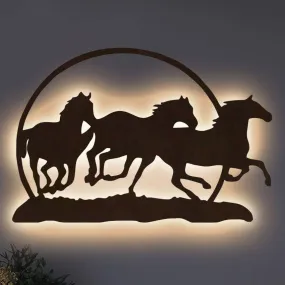 Three Running Horses Wooden Brown Led Backlit For Home & Office Decor