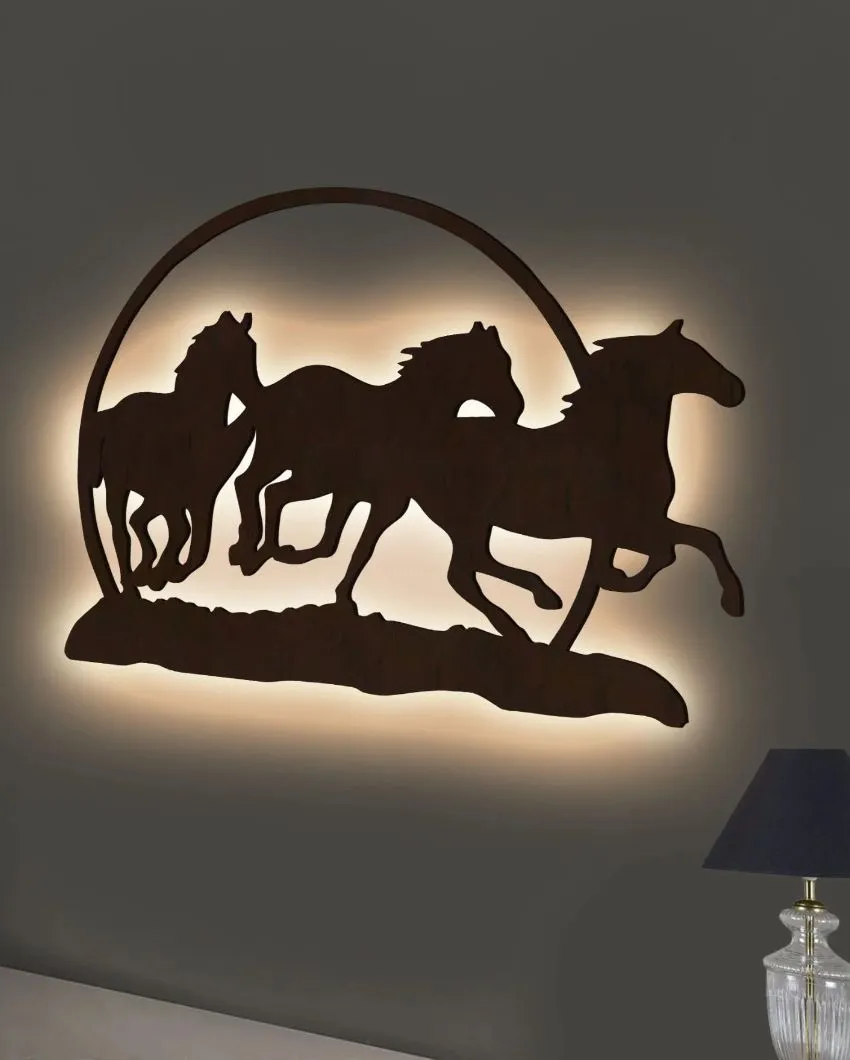 Three Running Horses Wooden Brown Led Backlit For Home & Office Decor