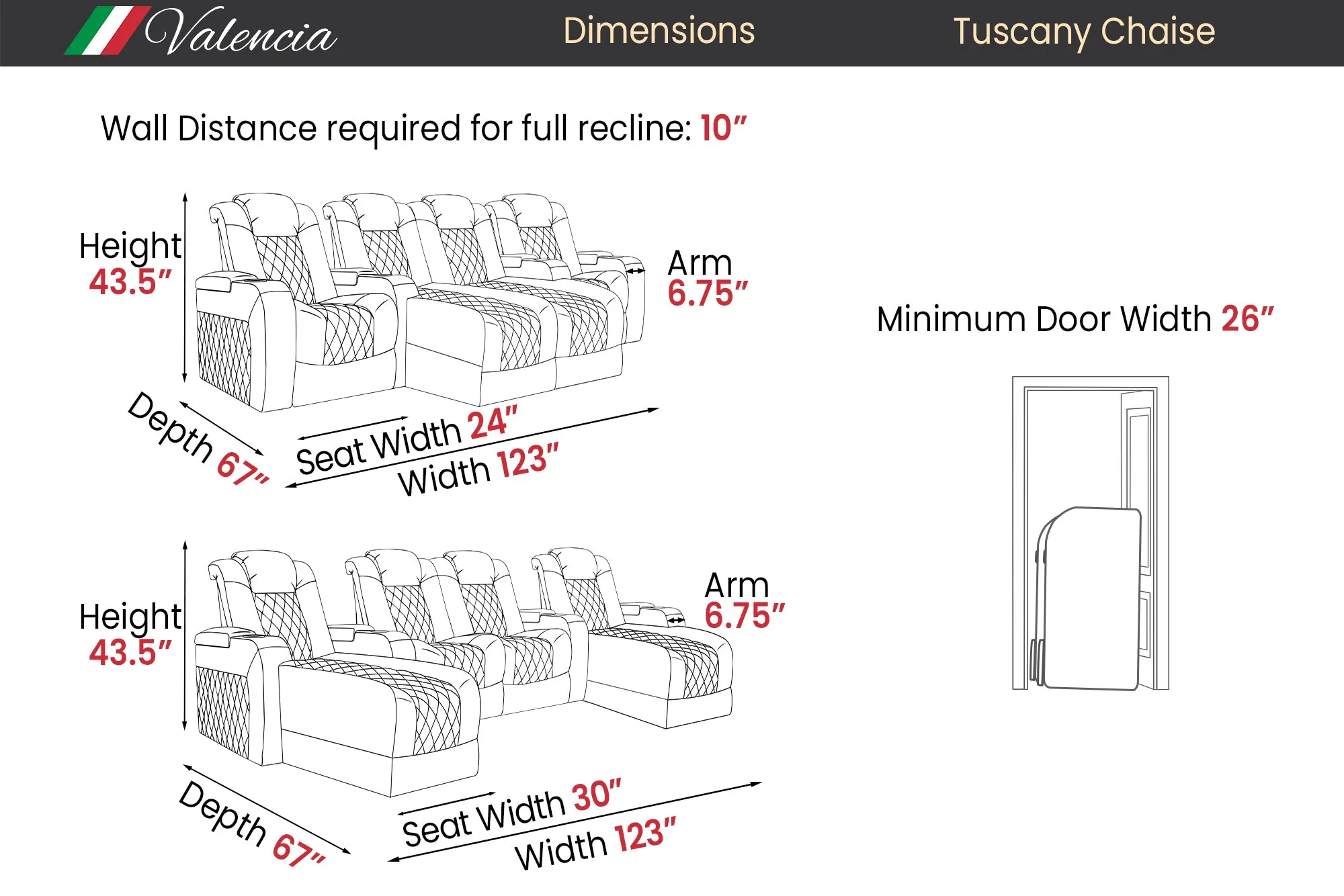 Valencia Tuscany Chaise Leather Home Theater Seating Row of 4 Loveseat Double Chaise Center, Midnight Black