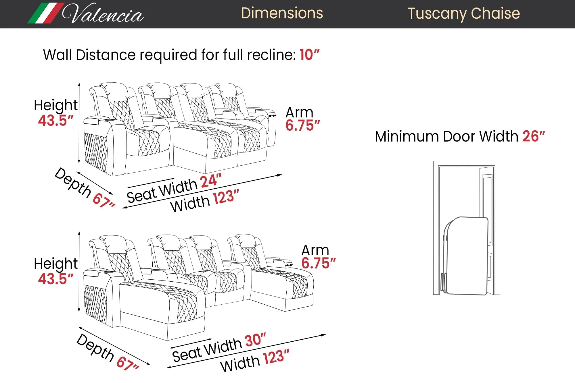 Valencia Tuscany Chaise Leather Home Theater Seating Row of 4 Loveseat Double Chaise Outside, Midnight Black