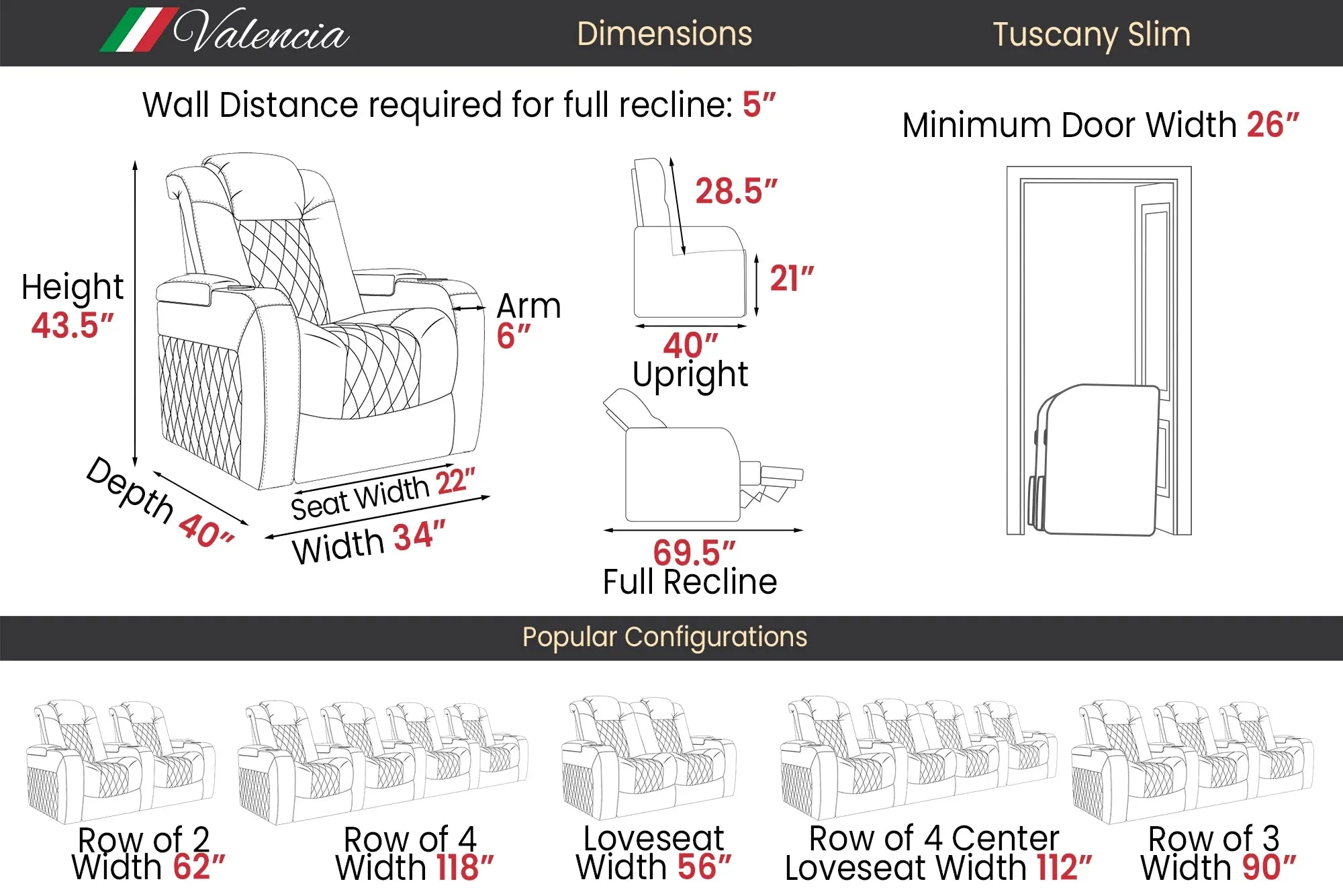 Valencia Tuscany Slim Leather Home Theater Seating Row of 3 Loveseat Left, Midnight Black