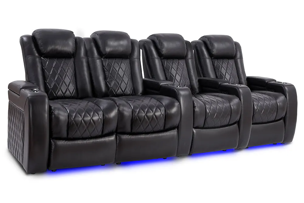 Valencia Tuscany Slim Leather Home Theater Seating Row of 4 Loveseat Left, Midnight Black