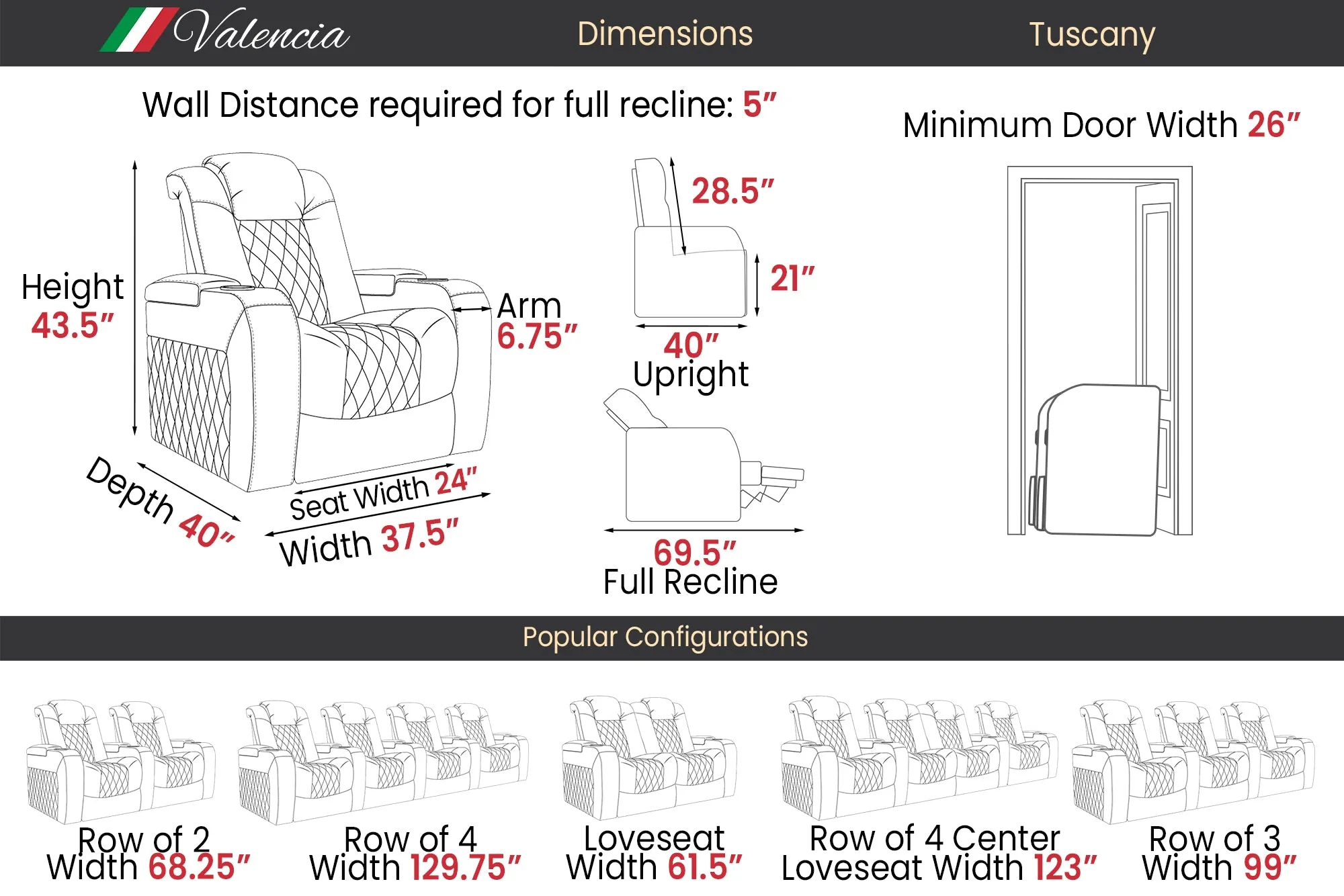 Valencia Tuscany Vegan Leather Home Theater Seating Row of 2, Dark Truffle