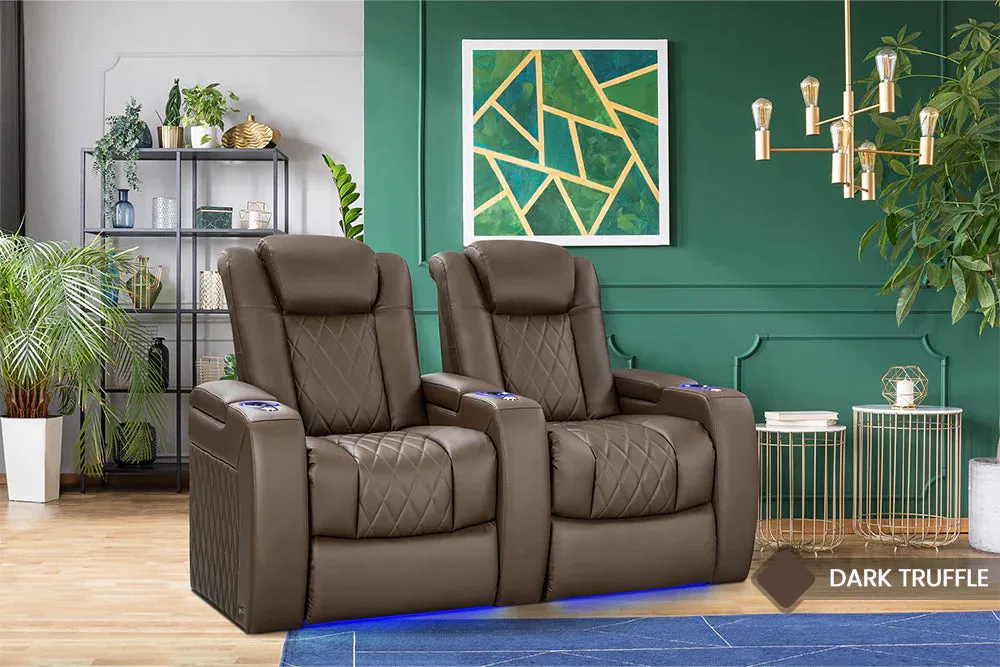 Valencia Tuscany Vegan Leather Home Theater Seating Row of 2 Loveseat, Dark Truffle