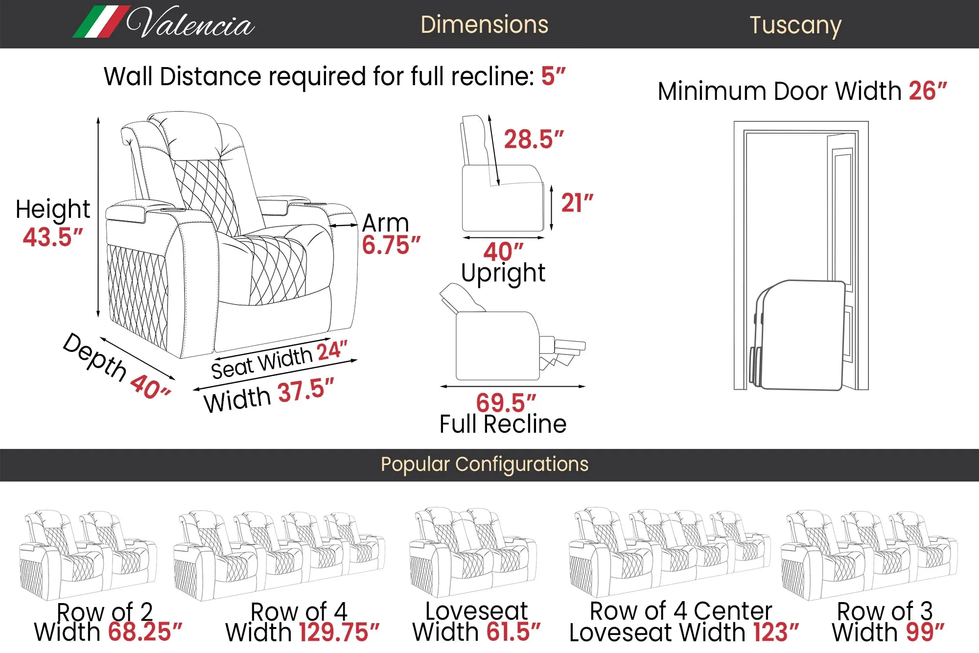 Valencia Tuscany Vegan Leather Home Theater Seating Row of 3 Loveseat Left, Dark Truffle