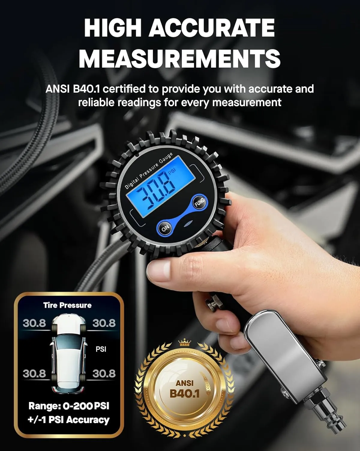 Vondior Digital Tire Inflator with Pressure Gauge 200 PSI - Large 2" Digital Dial, Heavy Duty Air Chuck and Compressor Accessories with Tire Tread Depth Gauge and Quick Connect Coupler Car Accessories