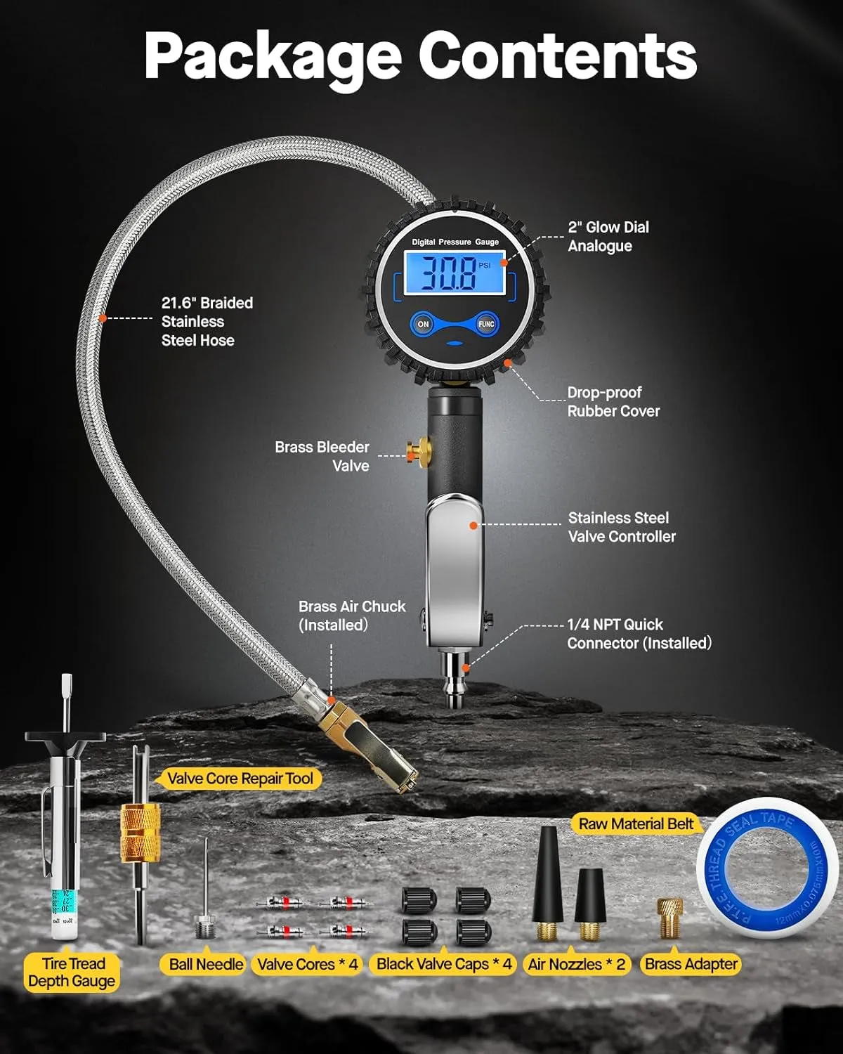 Vondior Digital Tire Inflator with Pressure Gauge 200 PSI - Large 2" Digital Dial, Heavy Duty Air Chuck and Compressor Accessories with Tire Tread Depth Gauge and Quick Connect Coupler Car Accessories