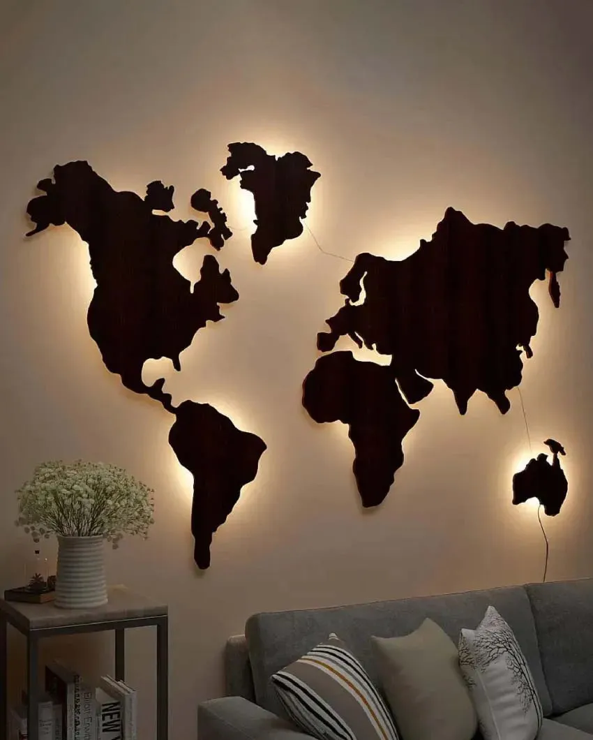 World Map Golden Backlit Wood Light Decorative Wall Art With Walnut Finish | 44 x 30 inches