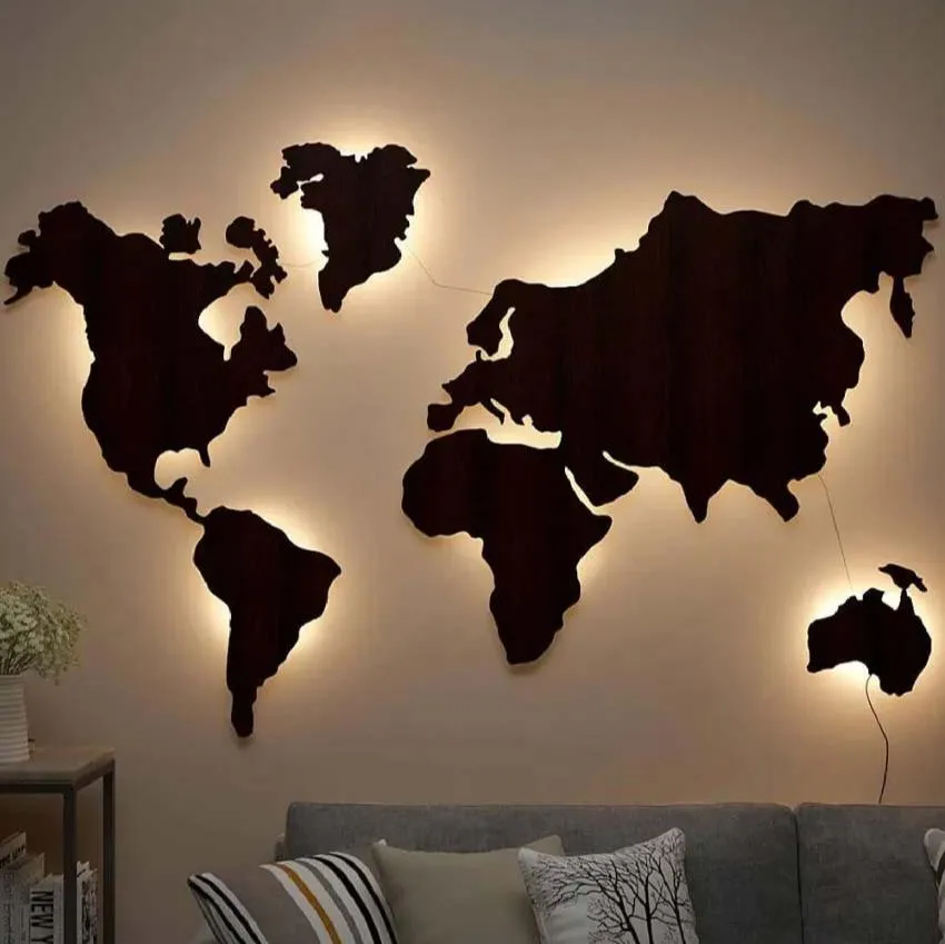 World Map Golden Backlit Wood Light Decorative Wall Art With Walnut Finish | 44 x 30 inches