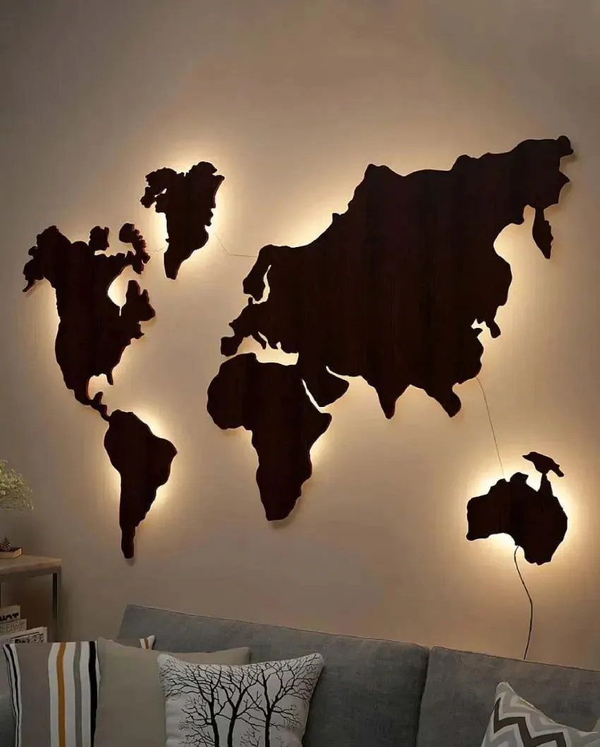 World Map Golden Backlit Wood Light Decorative Wall Art With Walnut Finish | 44 x 30 inches